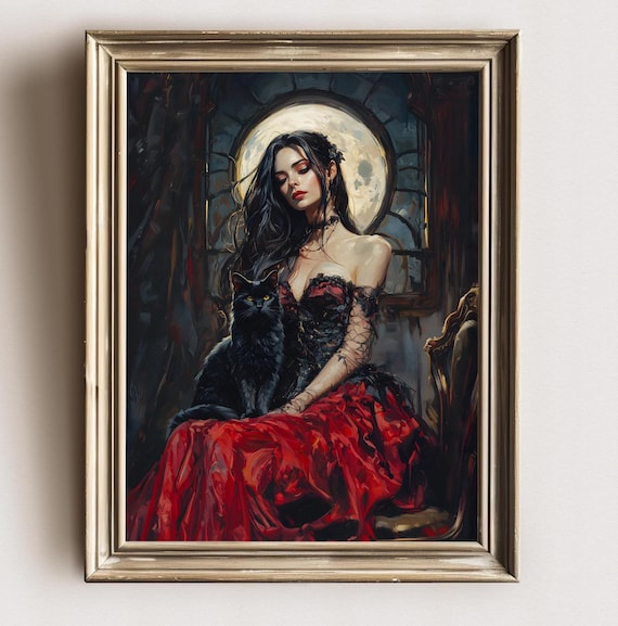Gothic Vampire Woman Red Corset Dress Black Cat Moonlight Art Print
