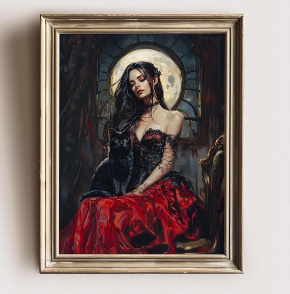 Moody Victorian Vampire And A Cat Art Poster Print Moody Painting Vintage Woman Print Victorian Decor Wall Art Dark Academia Art Print
