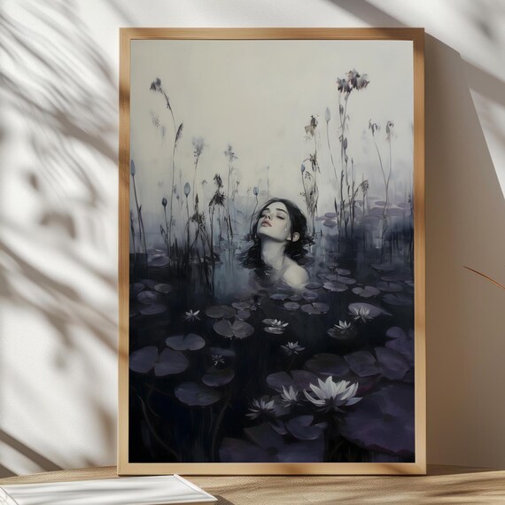 Pale Woman Floating Among Dark Purple Lilies Moody Gothic Art Print