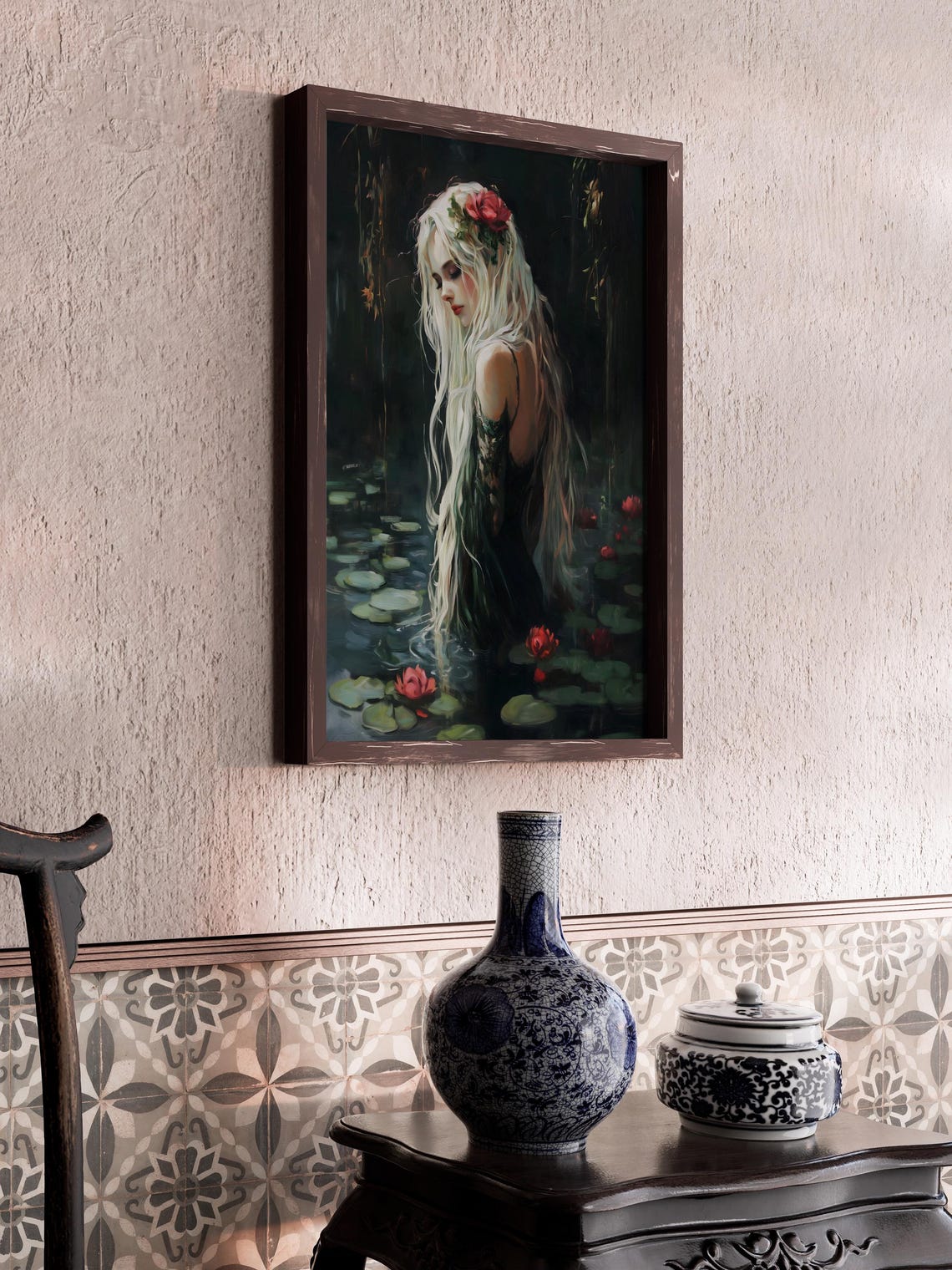 Ophelia Floating Among Water Lilies Dark Lake Dark Academia Art Poster - Image 2