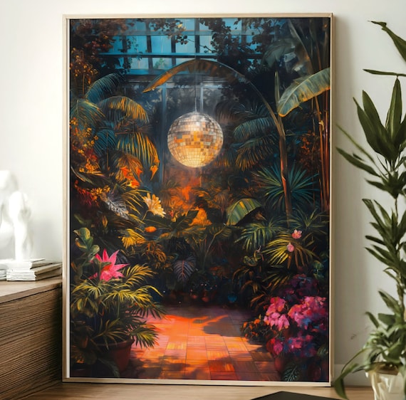 Moody Disco Ball Eclectic Home Decor Heathouse Botanical Art Disco Ball Mirrorball 70s Style Warm Aesthetic Retro Funky Houseplants Art