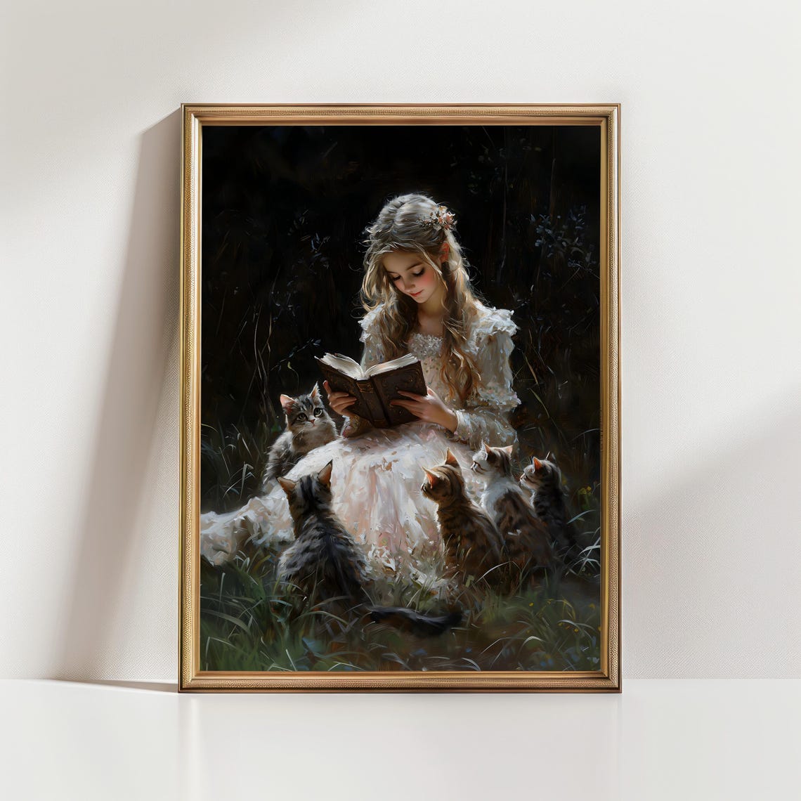 Girl Reading Book To Cats In Moonlit Forest Dark Academia Art Poster - Image 2