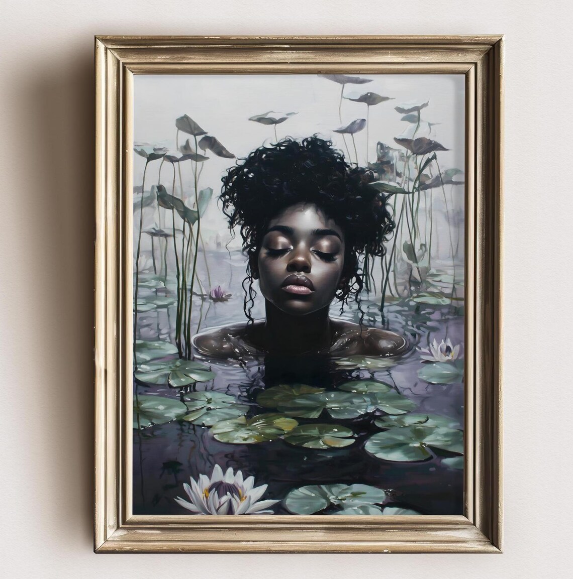 Black Woman Half Submerged Among Lily Pads and Tall Stems Art Print - Image 2