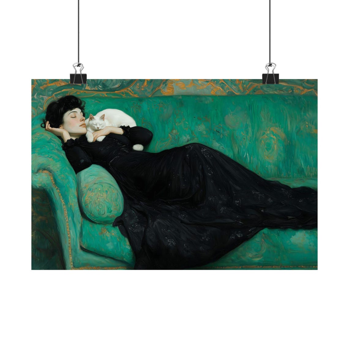 Woman in Black Dress with White Cat on Teal Sofa Goth Art Poster - Image 2