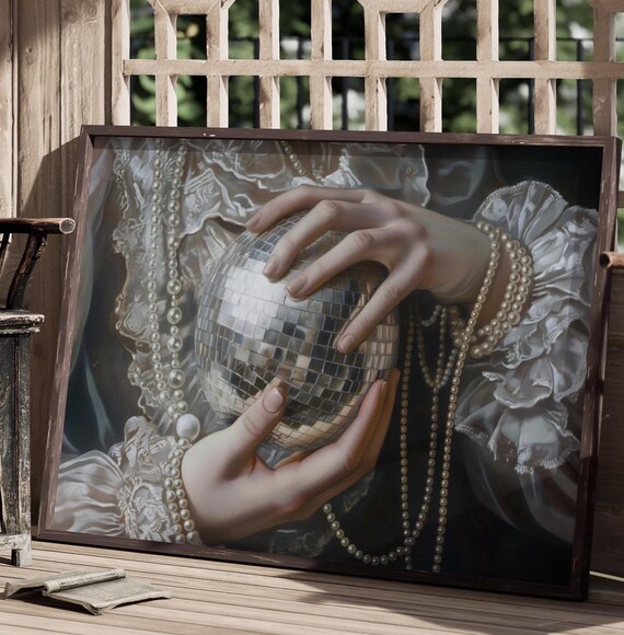 Victorian Art Altered Print Moody Painting Vintage Disco Ball Print Victorian Decor Wall Art Dark Moody Antique Art Print Lace Pearls