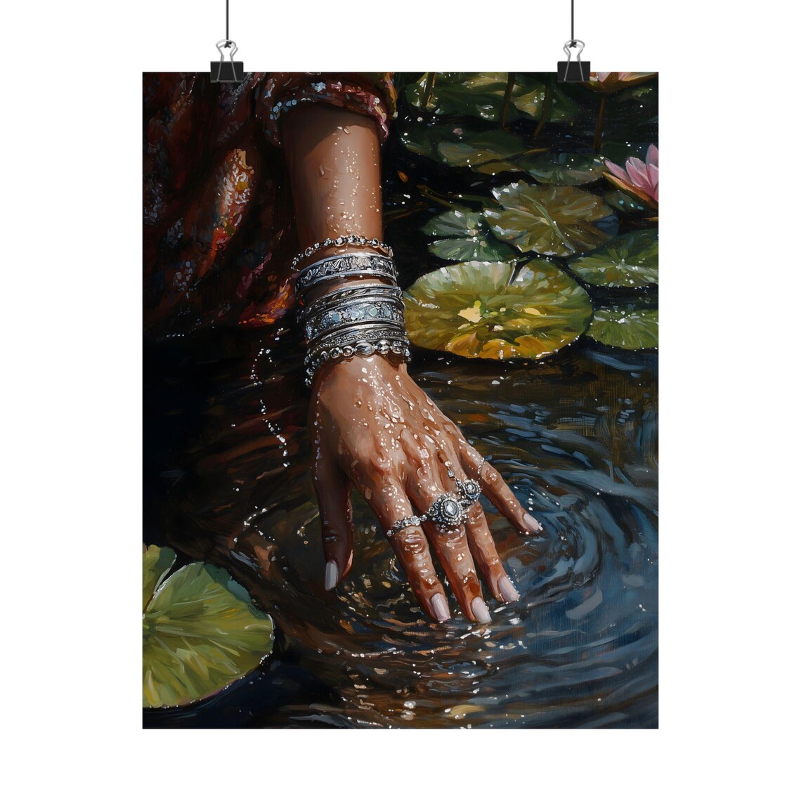 Jeweled Hand Touching Water In Lily Pond Ophelia Inspired Close Up Art Poster - Image 2