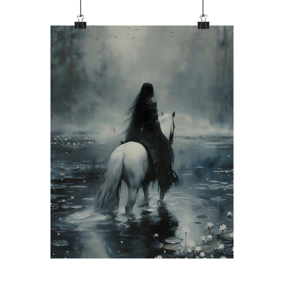 Rider On White Horse In Misty Lake Dark Gothic Fantasy Equestrian Painting Poster - Image 2