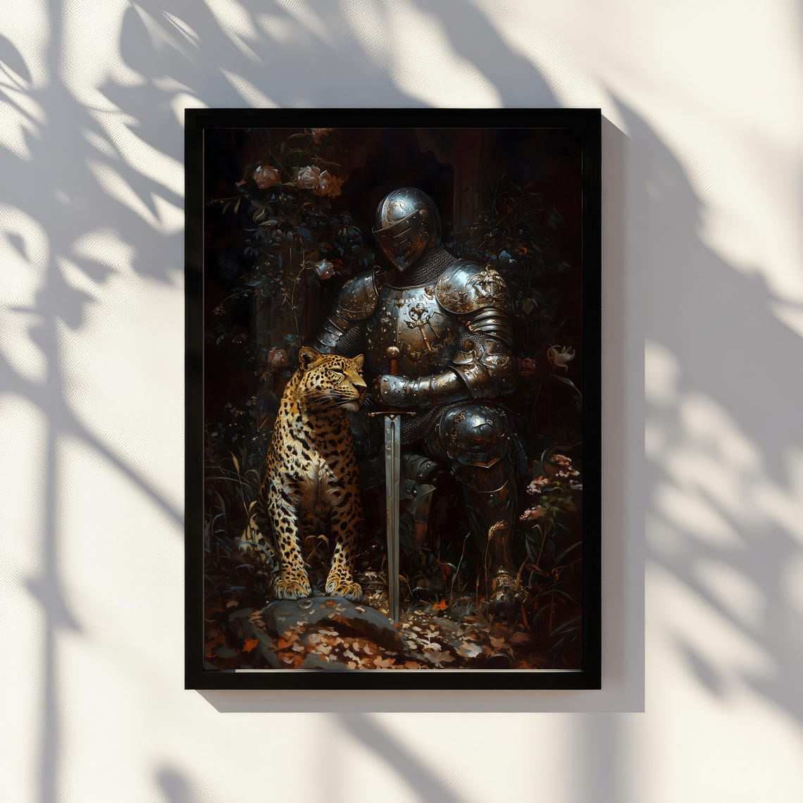 Dark Knight Standing With Spotted Leopard Roses Moody Fantasy Poster - Image 2