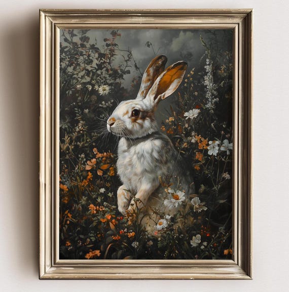 Cottagecore Rabbit Painting, Vintage Dark Academia Art Print