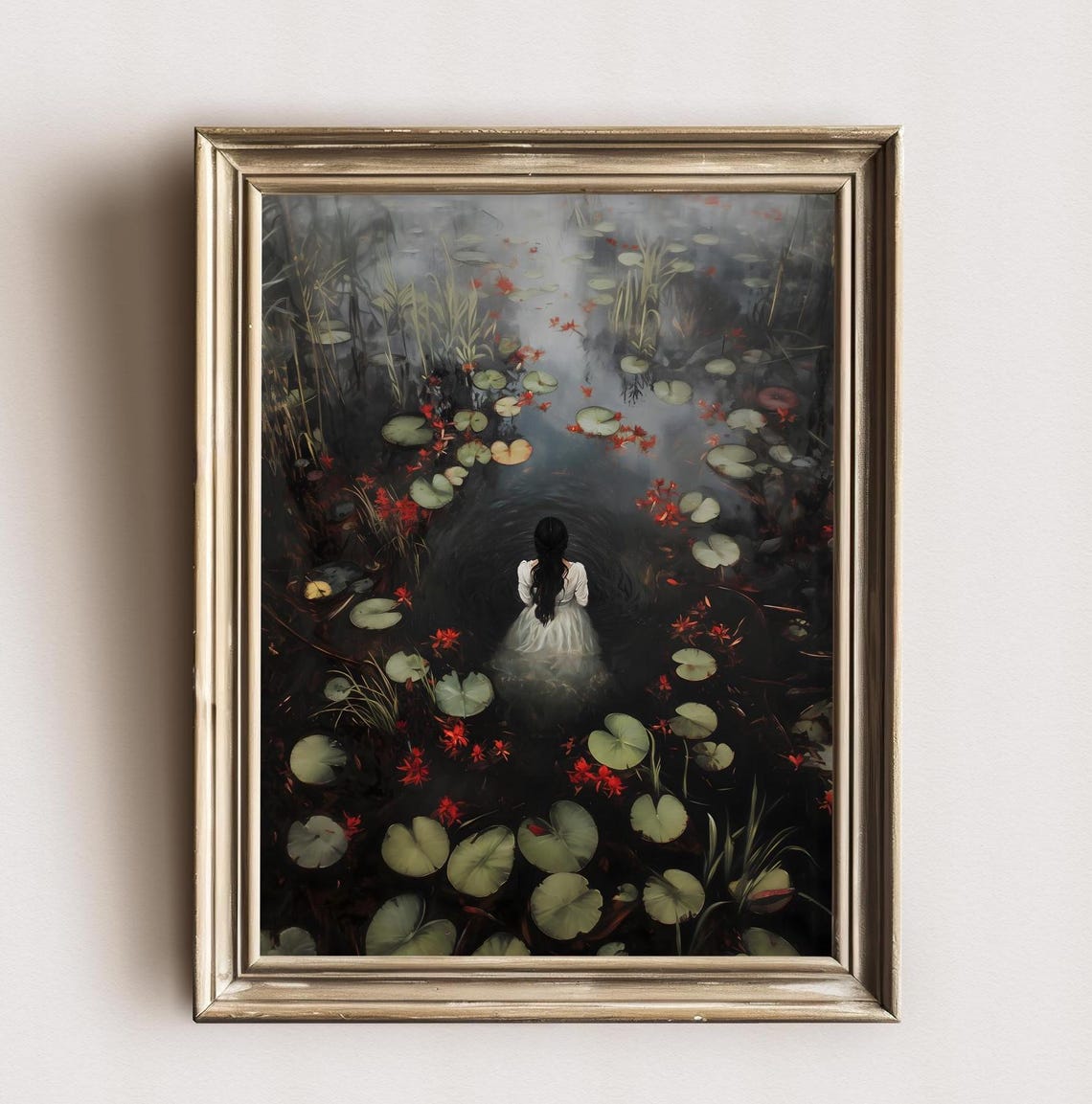 Ophelia White Dress Back View Red Flower Lily Pond Dark Gothic Poster - Image 2