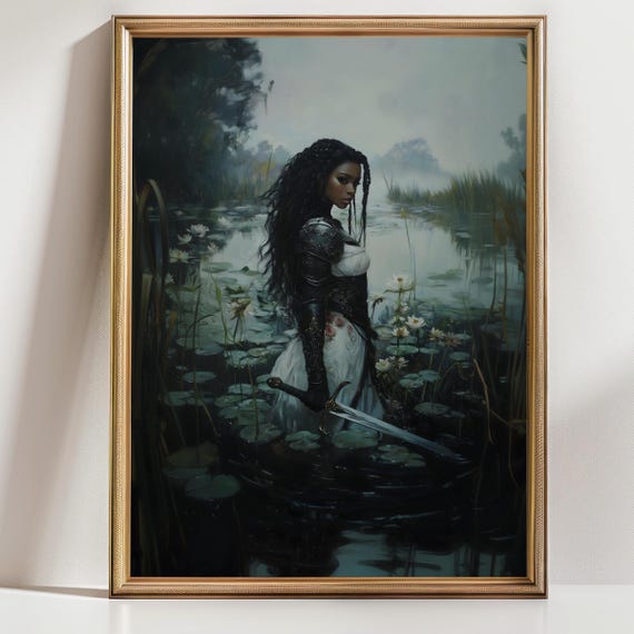 Female Knight Victorian Decor Dark Academia Print The Lake Goth Moody Victorian Wall Art Dark Decor Aesthetic Woman With Sword Print
