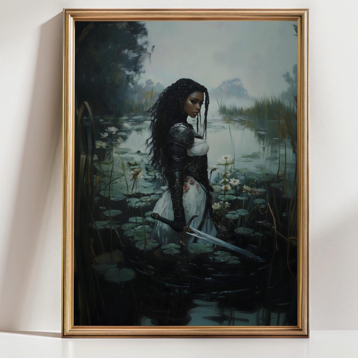 Female Knight In Armor Standing In Misty Lily Pond Sword Art Print