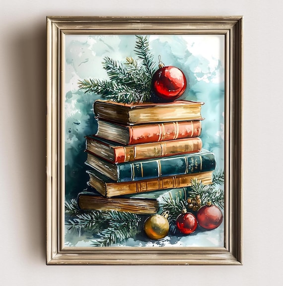 Aquarell Books Rustic Christmas Wall Art Print Painting Dark Cottagecore Moody Dark Academia Decor Seasonal Gothic Book Lover Library Decor
