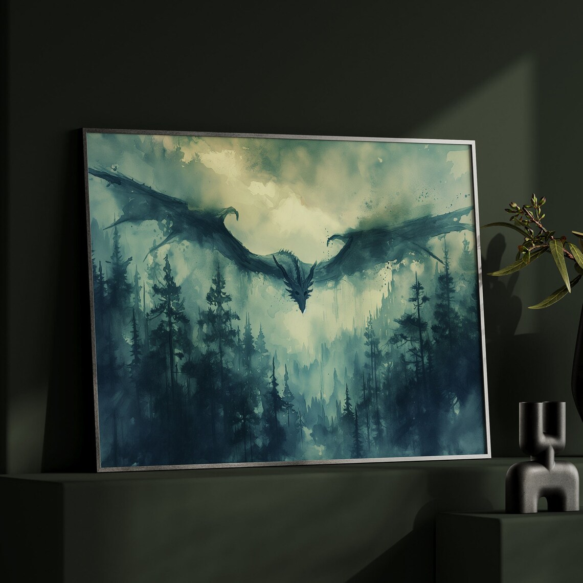 Forest Dragon Watercolor Fantasy Art Poster Print