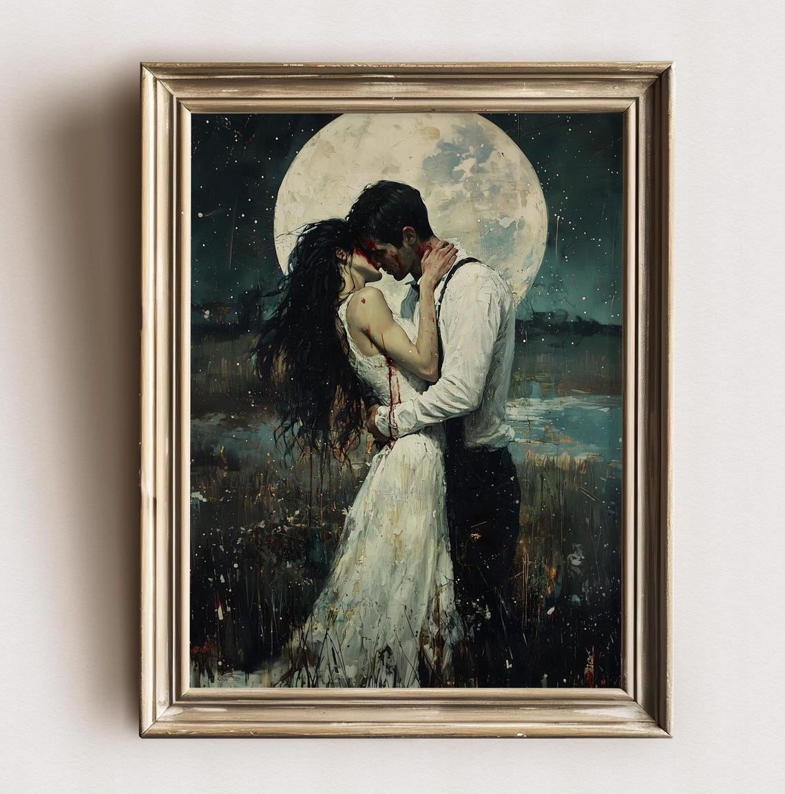 Vampire Couple Full Moon Bloody Embrace Gothic Romance Wall Art