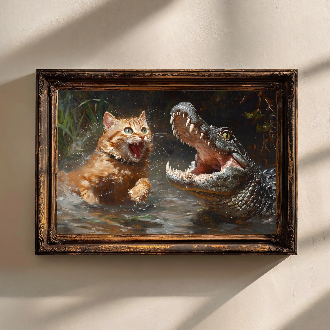 Cat Fighting a Crocodile, Vintage Funny Art Print - Image 2