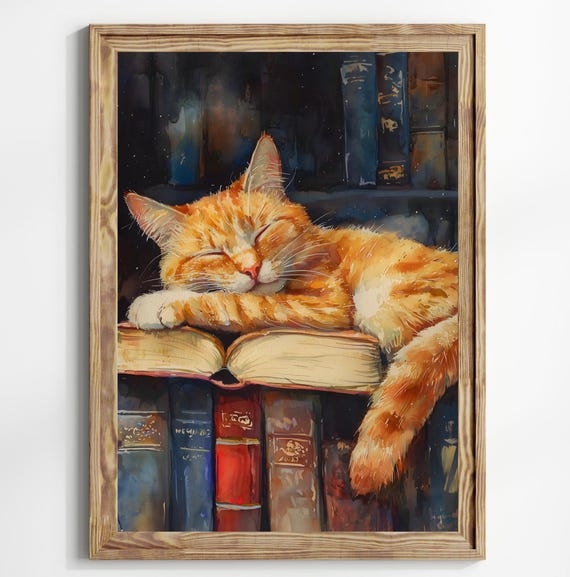 Cat Dark Academia Stack Books Art Print