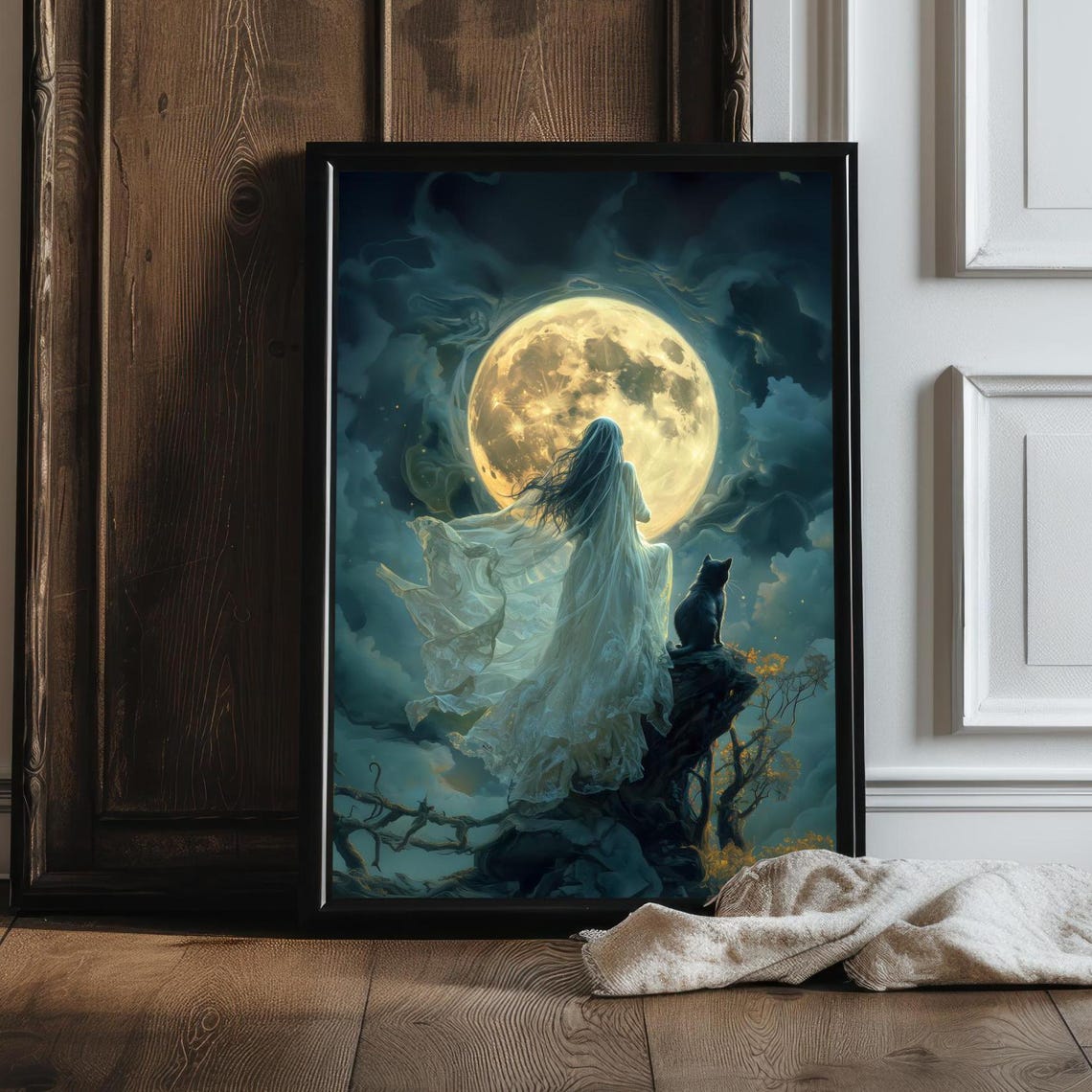 Ghostly Woman Black Cat Full Moon Clouds Romantic Spooky Night Poster - Image 3