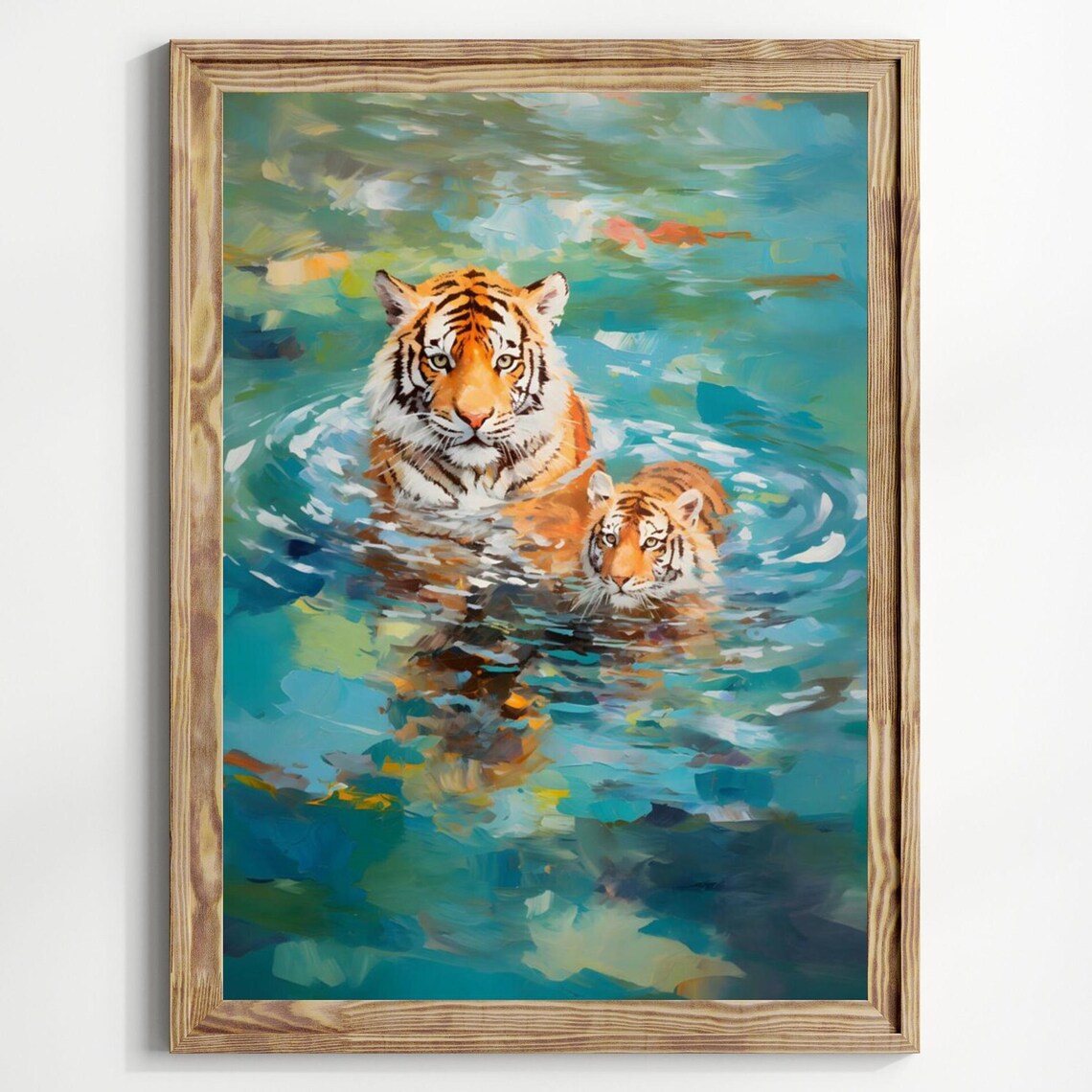 Two Tigers Swimming in Turquoise Water Wildlife Oil Painting Poster - Image 4