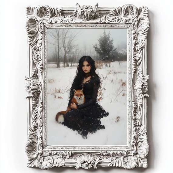 Victorian Woman With Fox Painting Snowy Forestcore Art Moody Fox Print Goblincore Nature Art Cottagecore Wall Art Goblincore Decor