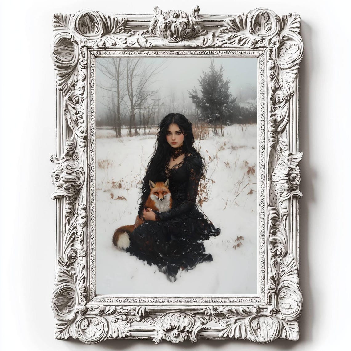 Victorian Woman Red Fox Snowy Field Winter Forestcore Wall Art