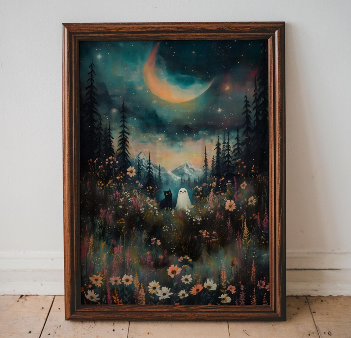 Ghost And Black Cat In Night Forest Moon Wildflowers Spooky Halloween Art Print