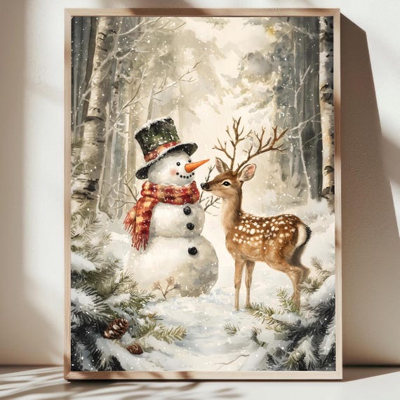 Vintage Christmas Wall Print Snowman Winter Art Print