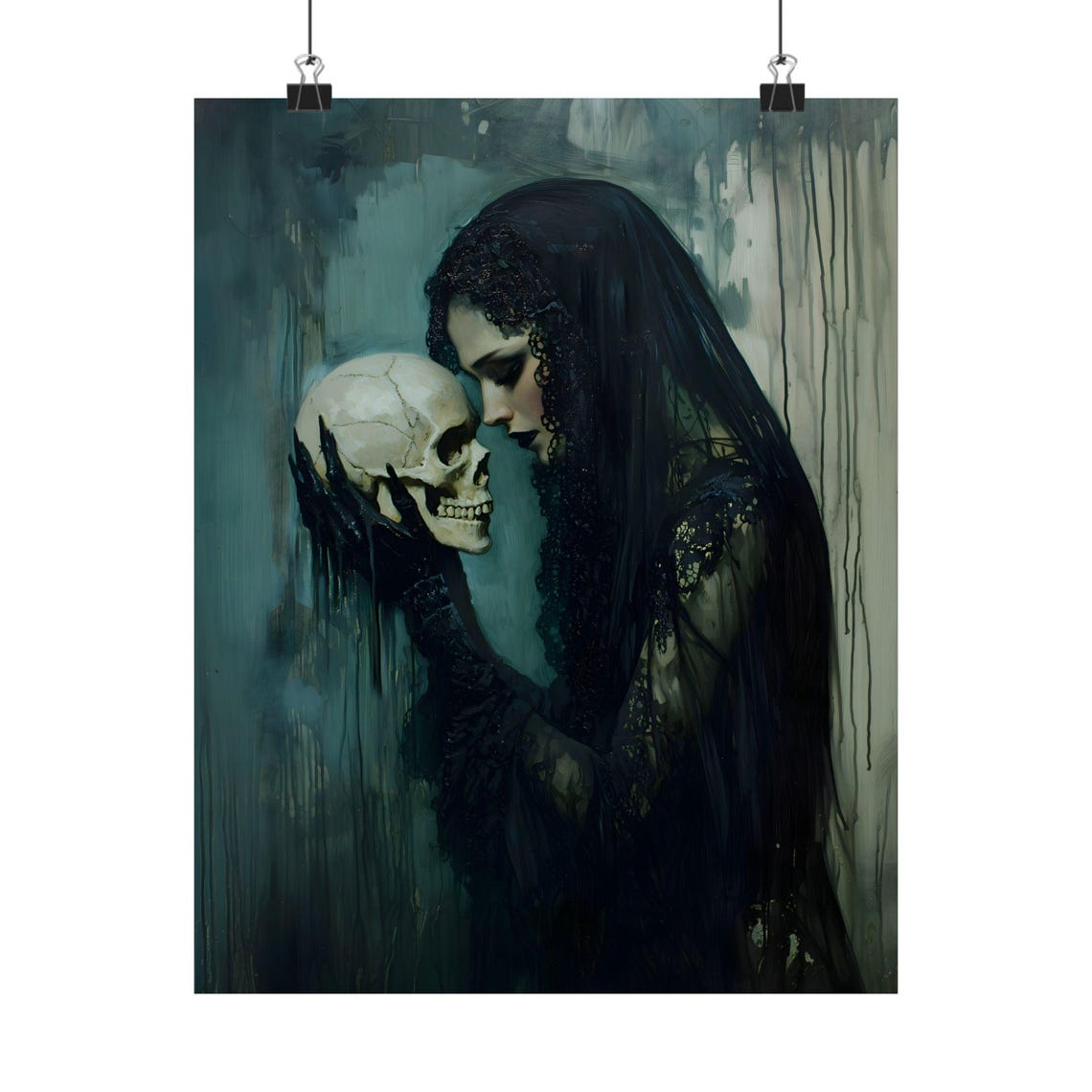 Veiled Woman Skull Black Lace Gothic Mourning Oil Painting Art Print - Image 2