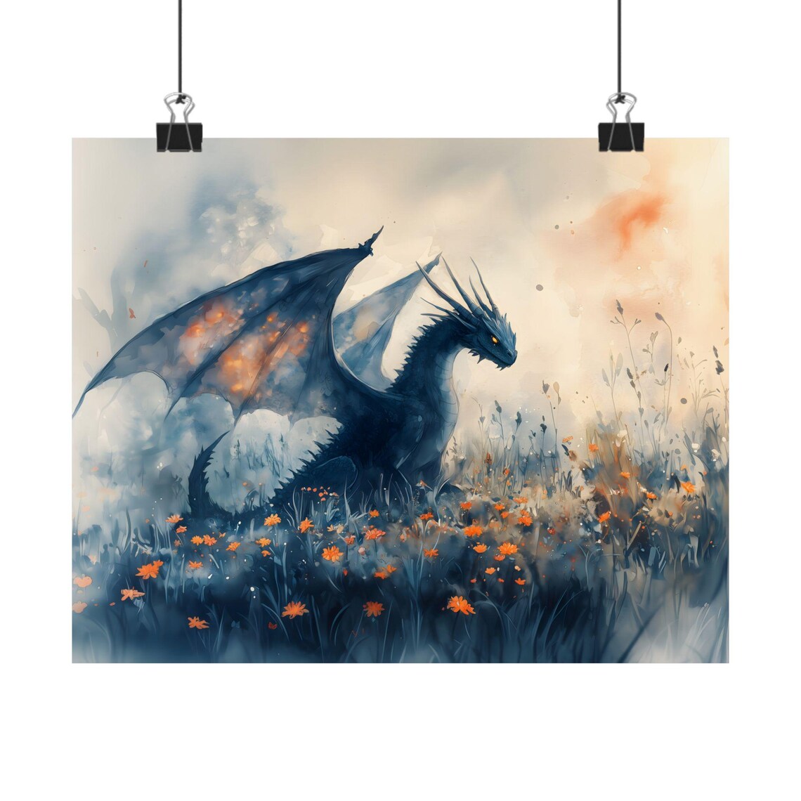 Dragon Watercolor Art Horizontal Poster Print Fantasy Art Forest And A Dragon Fantasy Painting Watercolor Illustration Dark Academia - Image 2