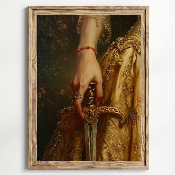 Sword Print Victorian Art Home Decor Moody Painting Dark Academia Golden Wall Art Dark Moody Antique Art Print Lace Sword
