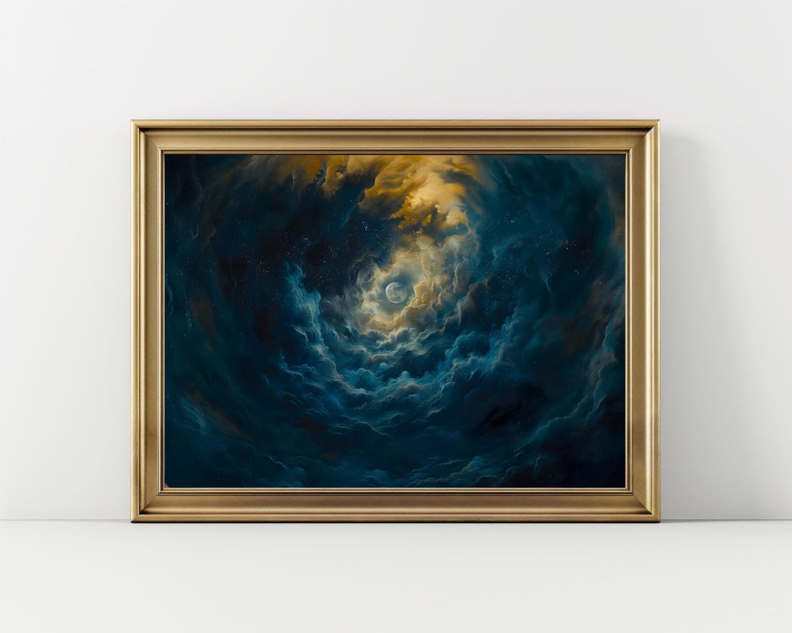 Celestial Swirling Night Sky Moon Deep Blue Gold Clouds Art Poster - Image 2