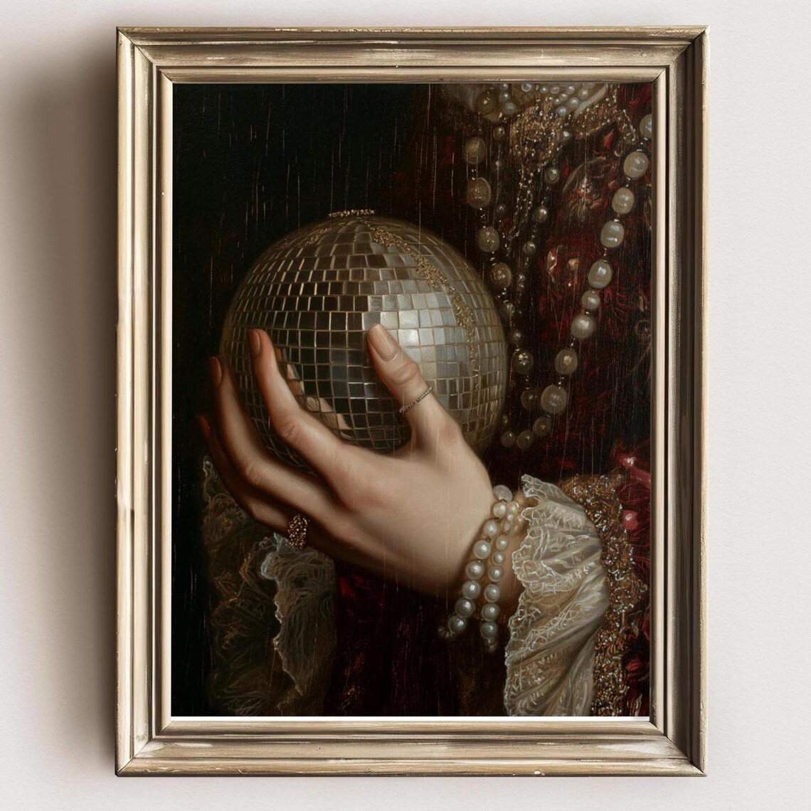 Victorian Hand Holding Disco Ball Pearls Dark Academia Art Print