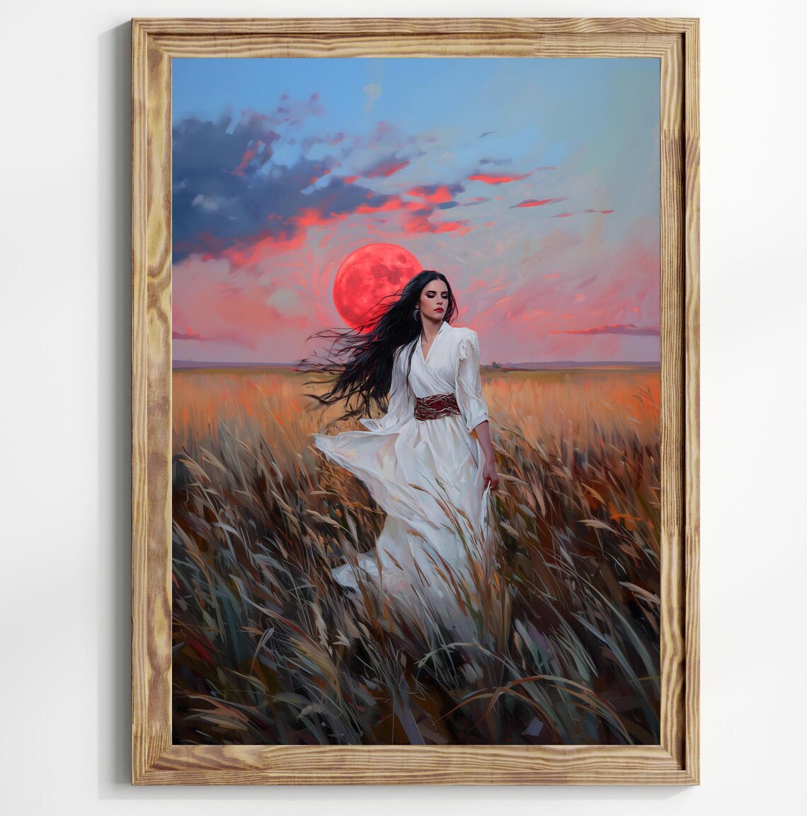 Red Moon Woman White Dress Golden Wheat Field Wind Dark Fantasy Art Print