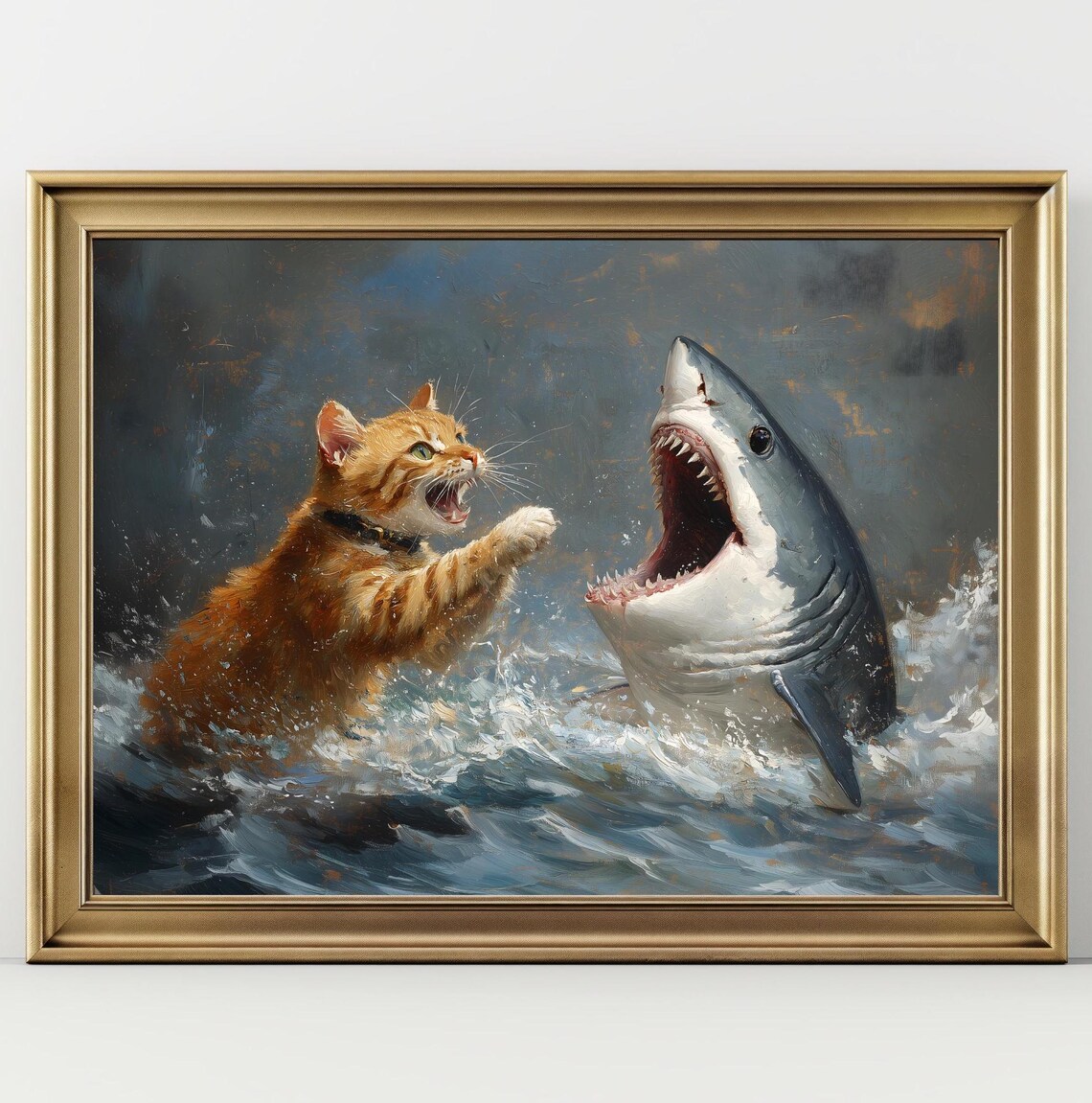 Orange Tabby Cat Fighting Shark Funny Vintage Oil Painting Poster - Image 2