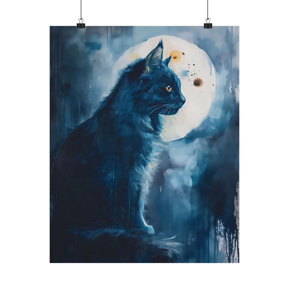 Black Cat Profile White Full Moon Blue Night Watercolor Moody Art Poster - Image 2