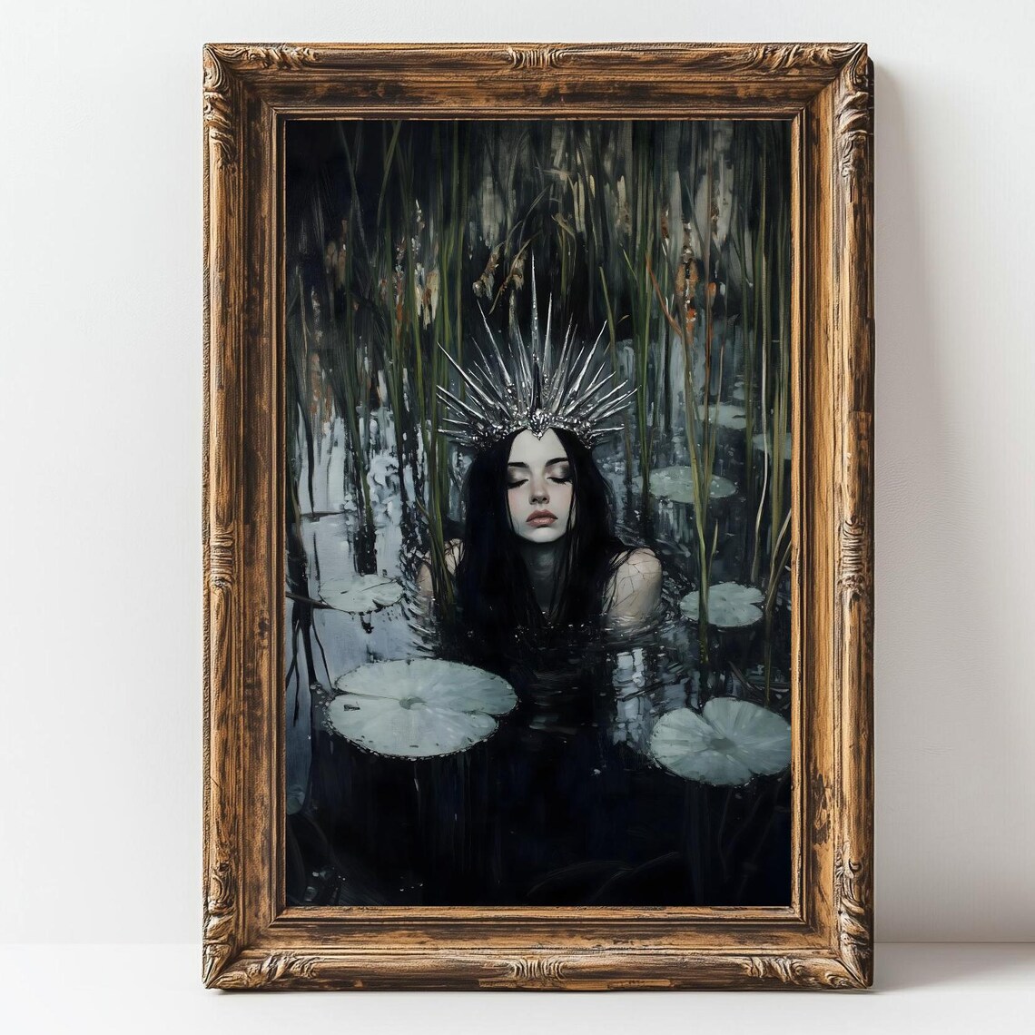 Crowned Woman Floating In Dark Reeds Lily Pond Gothic Fantasy Art Poster - Image 2