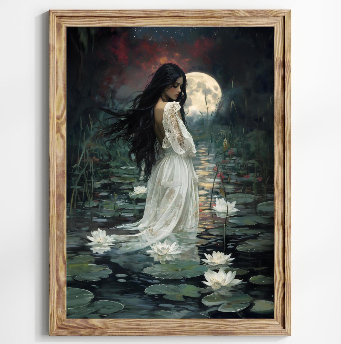 Full Moon Woman White Gown Water Lilies Dark Pond Night Art Poster