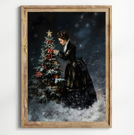 Christmas Tree Victorian Art Poster Print Moody Painting Vintage Woman Print Victorian Decor Wall Art Dark Moody Dark Cottagecore Art