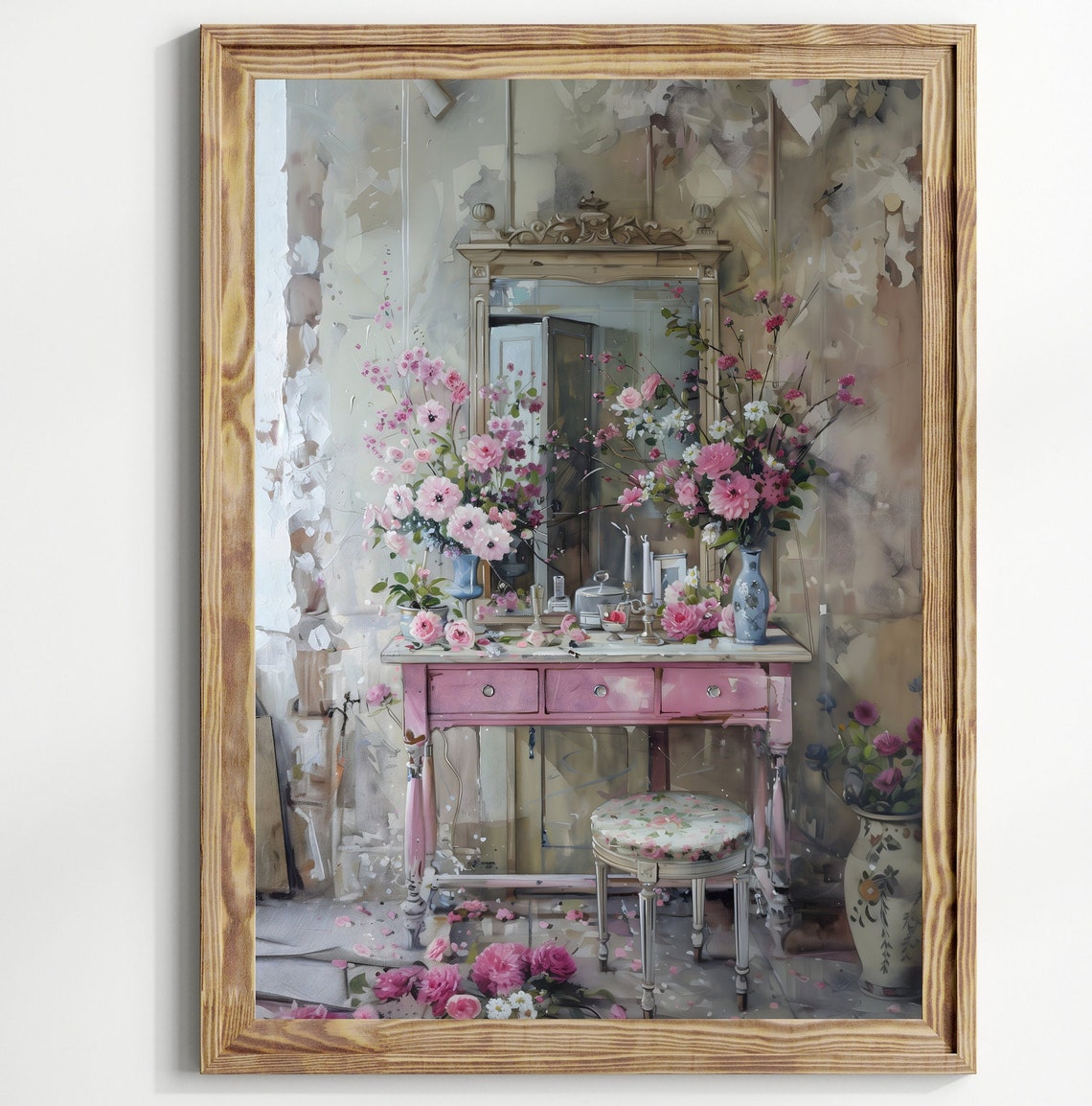 Pink Vanity Mirror Abundant Roses Shabby Chic Boudoir Wall Art - Image 2