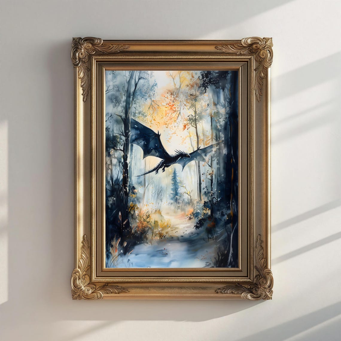 Black Dragon Flying Through Misty Watercolor Forest Fantasy Print - Image 2