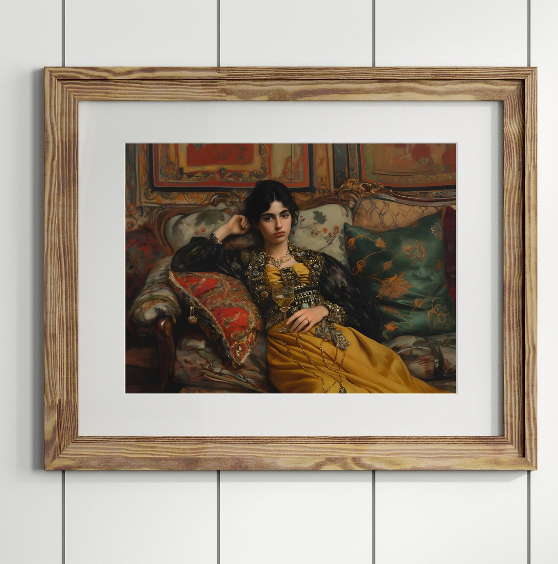 Golden Victorian Dress Woman Wine Glass Chaise Lounge Oil Painting Print - Image 5