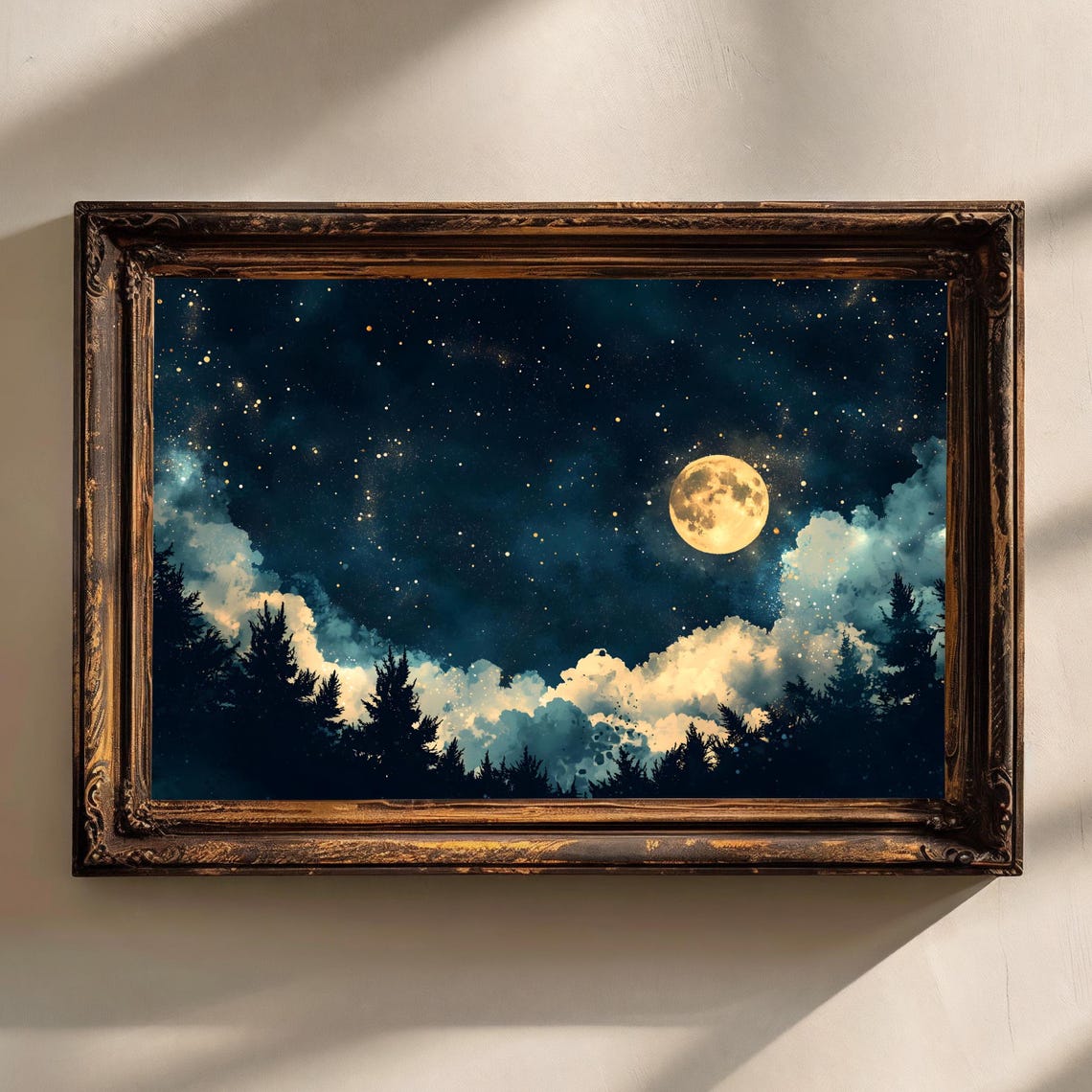 Celestial Full Moon Starry Night Pine Forest Gold Teal Art Print