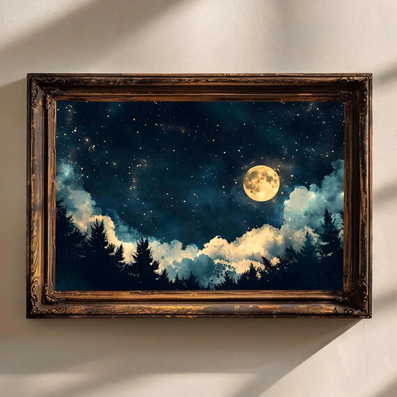 Celestial Full Moon Wall Art Print Moody Dark Forest Abstract Night Sky Print Academia Decor Blue Gold Maximalist Moody Bedroom Print