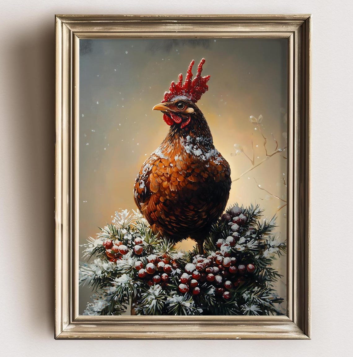 Vintage Christmas Chicken Snowy Pine Branch Red Berries Farm Poster - Image 2