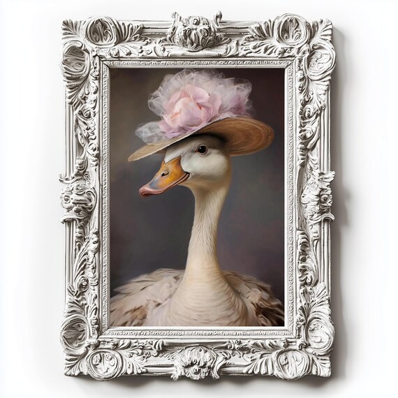 Coquette Pink Goose Flower Straw Hat Vintage Portrait Wall Art