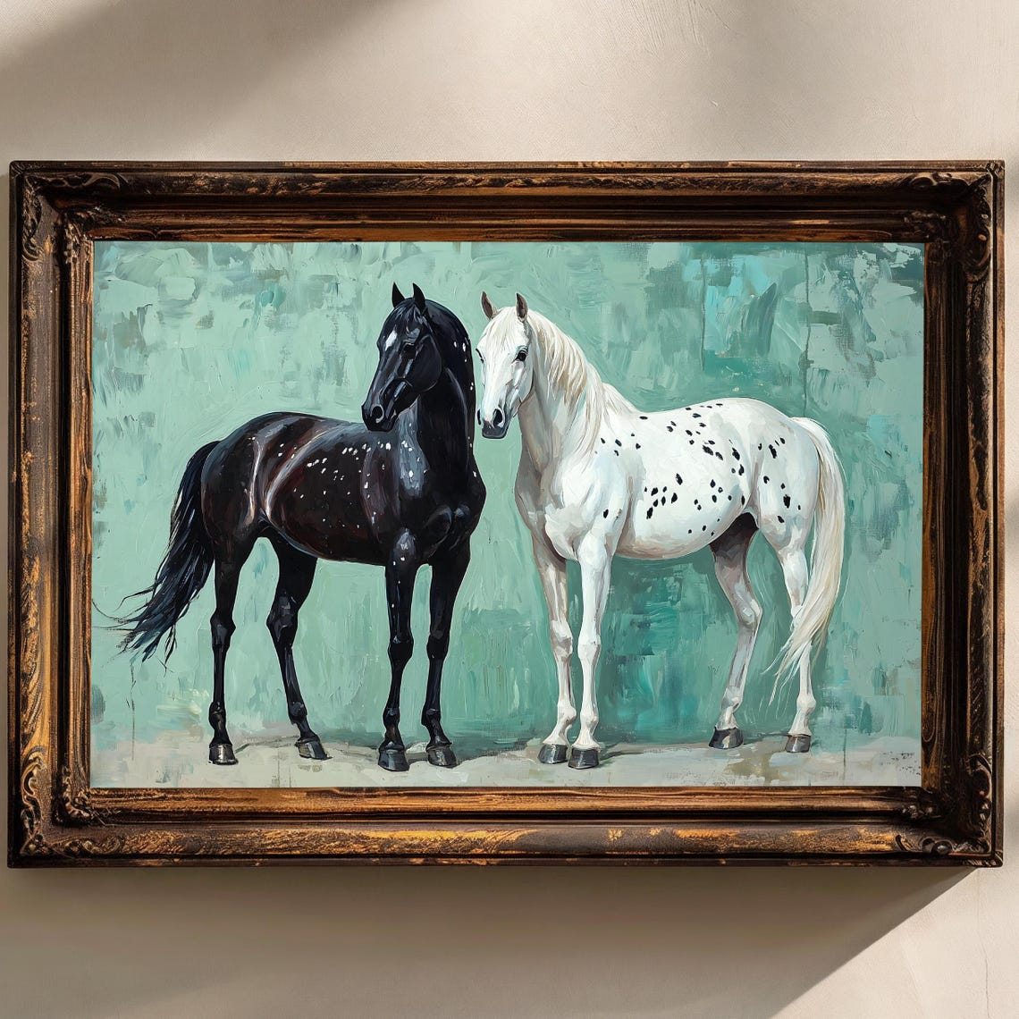 Spotted Black And White Horse Pair Mint Green Equestrian Art Print - Image 2