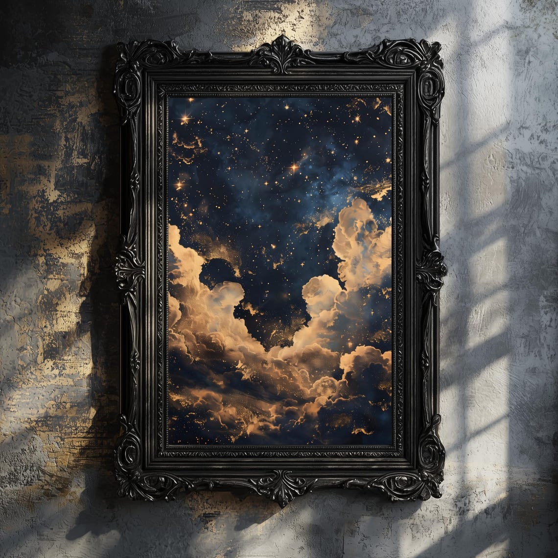 Midnight Starry Sky Golden Clouds Moody Night Celestial Art Poster - Image 2