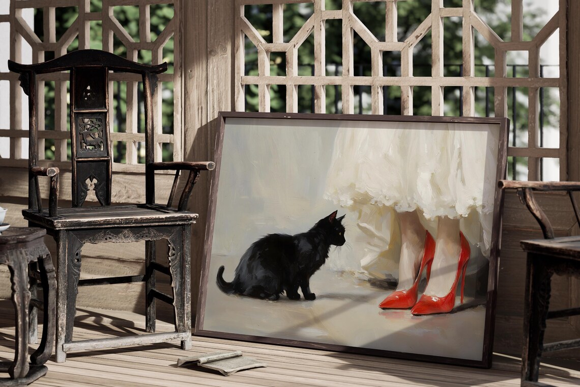 Black Cat And Woman Red Heels Vintage Style Oil Painting Wall Art Print - Image 3