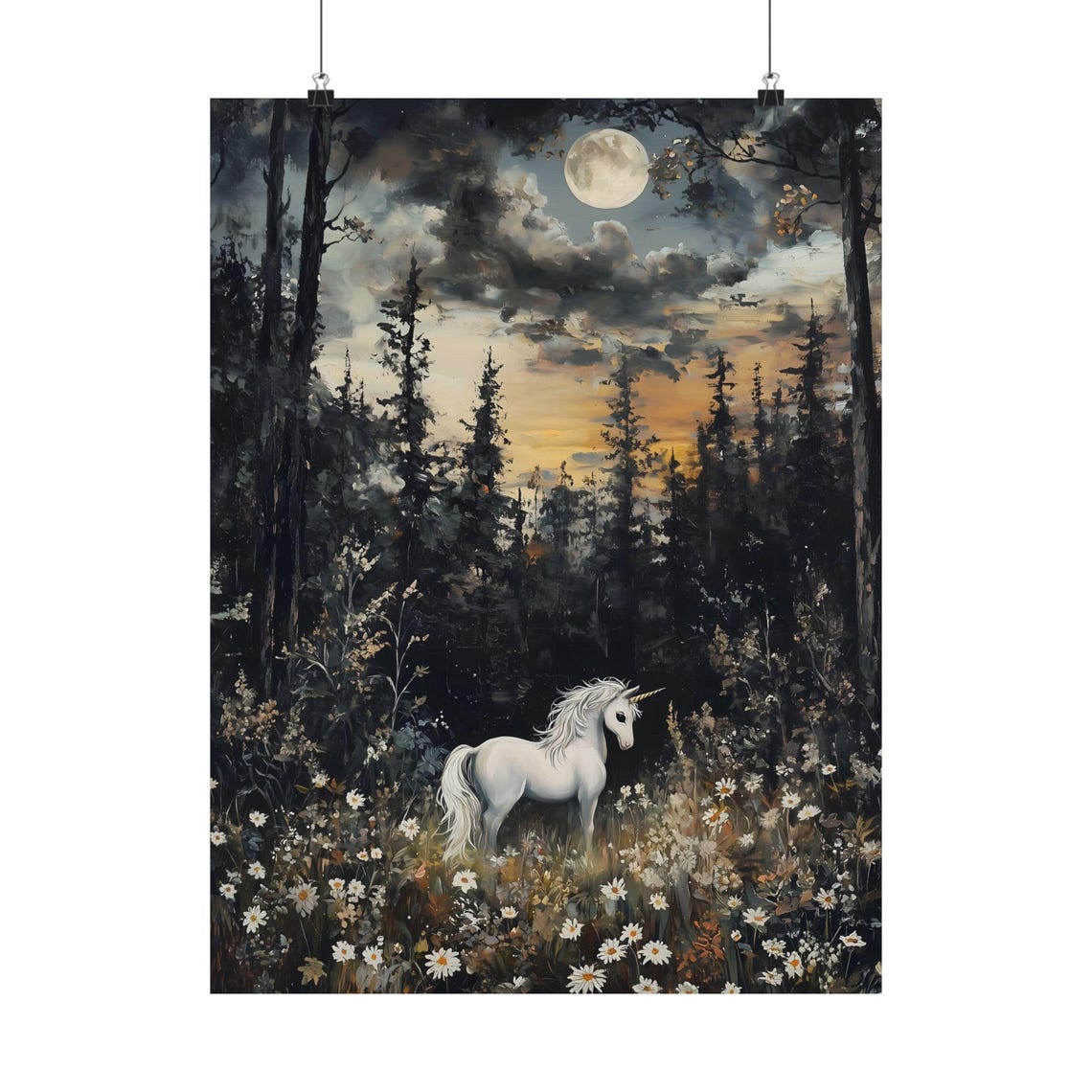 White Unicorn In Moonlit Dark Forest Wildflower Meadow Night Art Print - Image 2