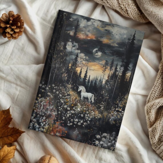 Unicorn Moonlit Dark Forest Wildflowers Fantasy Journal Cover Art Print